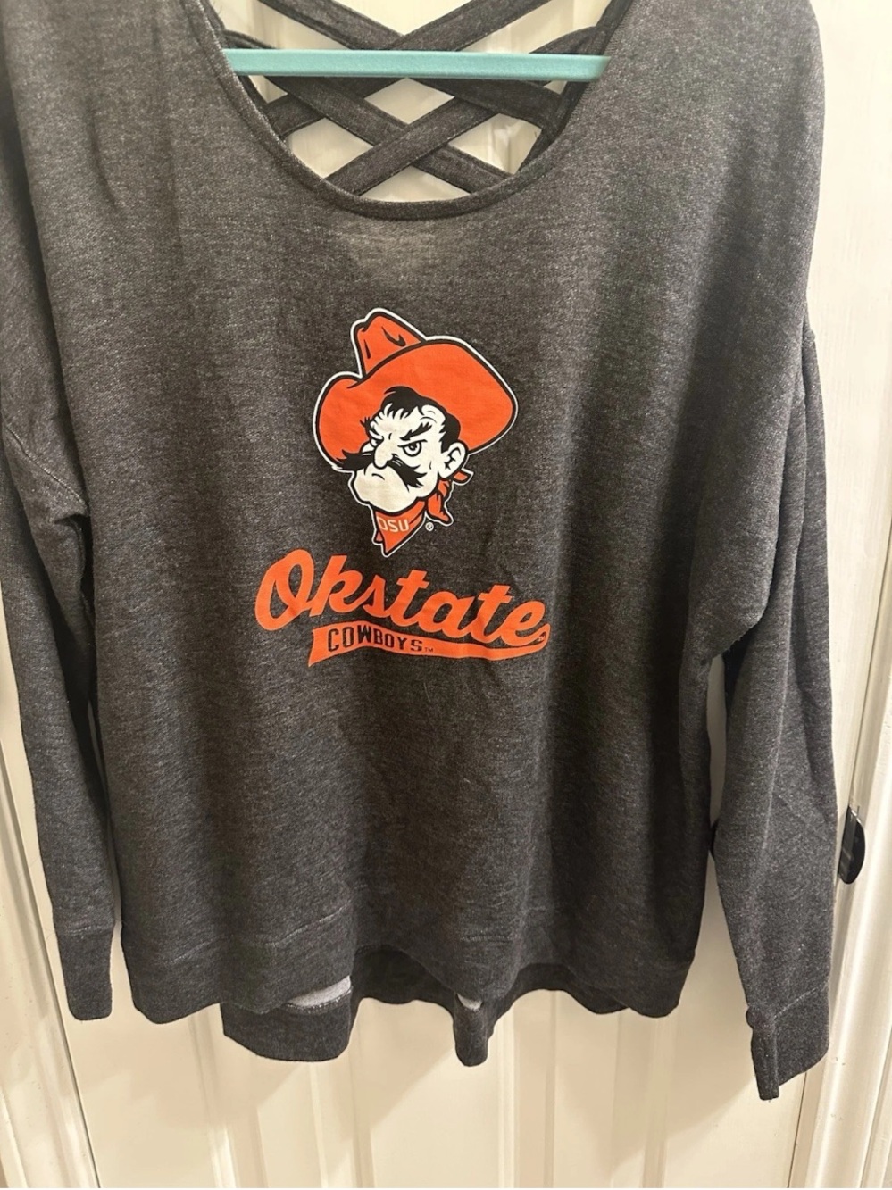 OSU Ladies Gray Long sleeved Shirt With Cut Out Crossing Straps In The Back L